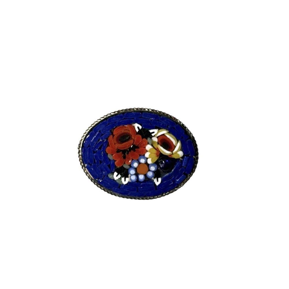 Vintage Italy Gold Tone Blue Background Micro Mosaic Floral Bouquet Brooch Pin